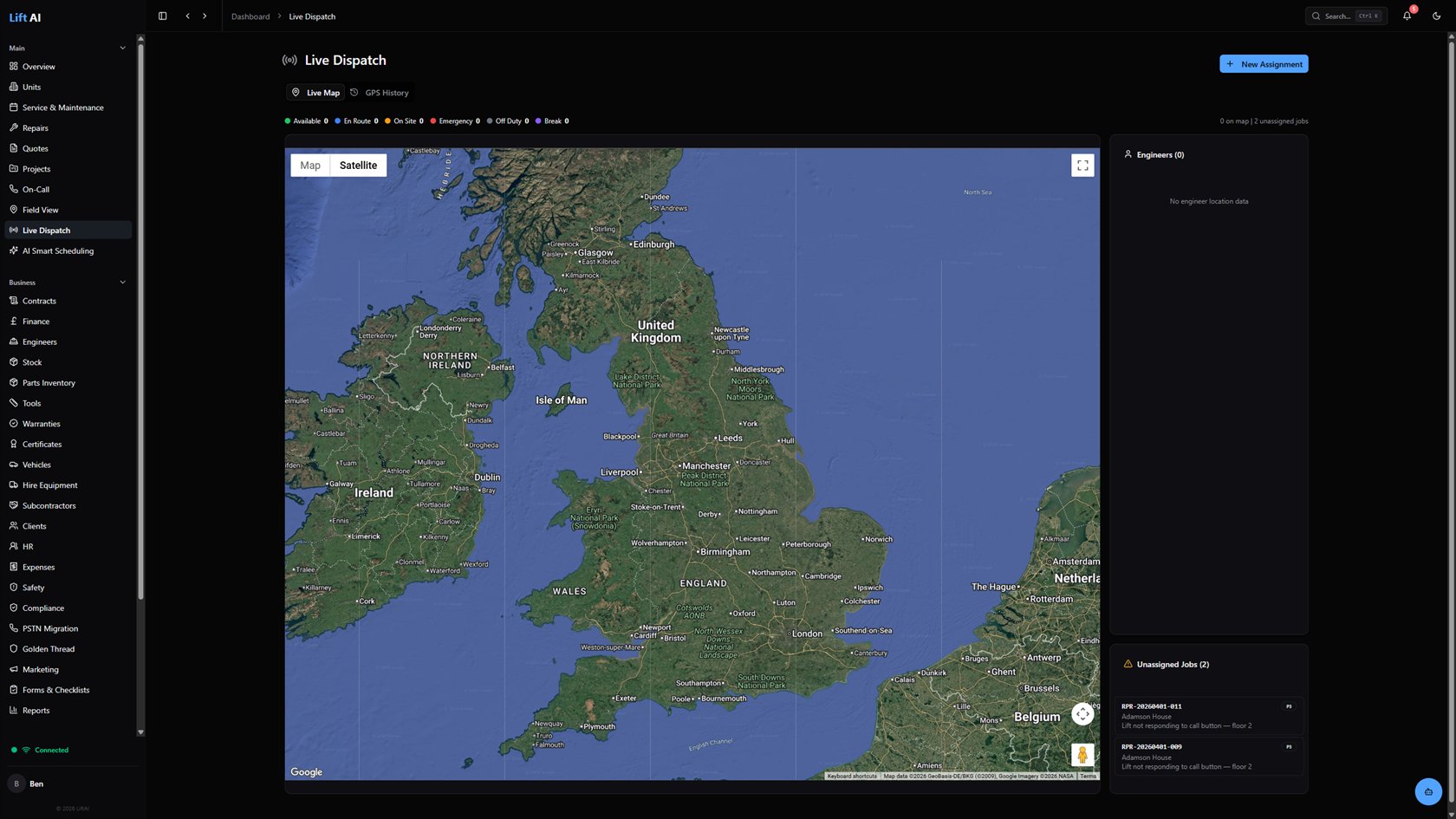 The LiftAI Live Dispatch map